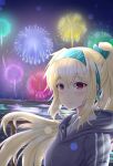  1girl blonde_hair blue_hoodie bow closed_mouth eyebrows_visible_through_hair fireworks gamryous girls_frontline hair_flowing_over hairband highres hood hoodie long_hair looking_at_viewer new_year ponytail red_eyes ribbon smile solo sv-98_(girls&#039;_frontline) 