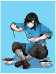  1girl bandaged_arm bandaged_leg bandages bandaid bandaid_on_cheek bandaid_on_face black_hair blue_background blue_eyes bowl bright_pupils eating eyebrows_visible_through_hair food food_on_face h.pn highres holding holding_bowl holding_spoon long_hair looking_at_viewer motion_lines original simple_background sitting solo spoon white_pupils 