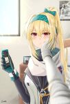  1girl blonde_hair eyebrows_visible_through_hair gamryous girls_frontline gloves hairband hand_on_another&#039;s_face highres holding holding_phone long_hair looking_at_viewer phone ponytail red_eyes scarf smile solo sv-98_(girls&#039;_frontline) turtleneck white_scarf 
