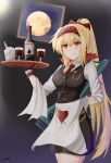  1girl blonde_hair closed_mouth eyebrows_visible_through_hair gamryous girls_frontline gloves green_hairband hairband halloween highres long_hair looking_at_viewer ponytail red_eyes simple_background smile solo sv-98 sv-98_(girls&#039;_frontline) vampire 