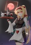  1girl blonde_hair bottle cup eyebrows_visible_through_hair gamryous girls_frontline gloves grin hairband halloween highres long_hair looking_at_viewer necktie ponytail red_eyes simple_background smile sv-98 sv-98_(girls&#039;_frontline) vampire 