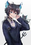  1boy animal_ears black_hair blue_eyes cat cat_ears grim_(twisted_wonderland) highres humanization male_focus medupitta nail_polish pale_skin sharp_teeth tail teeth twisted_wonderland 