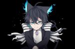  1boy animal_ears bad_id bad_twitter_id black_hair blue_eyes bow cat_ears grim_(twisted_wonderland) humanization looking_at_viewer male_focus pale_skin ribbon smirk tail twisted_wonderland uniainu 