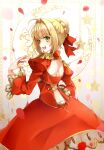 1girl aestus_estus ahoge blonde_hair braid breasts cleavage commentary_request dress epaulettes fate/extra fate/grand_order fate_(series) french_braid green_eyes hair_intakes hair_ribbon juliet_sleeves large_breasts long_sleeves nero_claudius_(fate) nero_claudius_(fate)_(all) puffy_sleeves puracotte red_dress red_ribbon ribbon saber_extra see-through solo wide_sleeves 