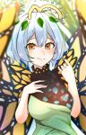  1girl anrumi_001 antennae aqua_hair blush breasts butterfly_wings closed_mouth dress eternity_larva fairy green_dress large_breasts leaf leaf_on_head looking_at_viewer multicolored_clothes multicolored_dress orange_eyes short_hair short_sleeves single_strap solo touhou upper_body wings 