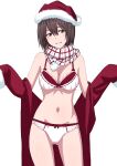  1girl absurdres brown_eyes brown_hair hat highres navel original santa_costume santa_hat scarf short_hair sleeves_past_fingers sleeves_past_wrists smile solo tuskryo underwear undressing white_background 