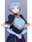  1girl blue_capelet blue_dress blue_hair blush braid brown_hair capelet closed_mouth crown_braid do_m_kaeru dress epaulettes eyebrows_visible_through_hair fire_emblem fire_emblem:_three_houses long_sleeves looking_at_viewer marianne_von_edmund outside_border own_hands_together pillarboxed short_hair smile solo upper_body 
