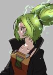  1girl bandaid bandaid_on_face coat electricity green_hair highres league_of_legends leoliolao looking_to_the_side short_twintails twintails zeri_(league_of_legends) 