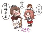  3girls baseball_bat blue_sailor_collar brown_eyes brown_hair brown_neckerchief chibi chibi_on_head chinese_text dress fairy_(kancolle) gloves grey_sailor_collar hat hi_ye kantai_collection long_hair multiple_girls nail nail_bat neckerchief on_head open_mouth person_on_head pleated_skirt puffy_short_sleeves puffy_sleeves red_shirt red_skirt round_teeth sailor_collar sailor_hat sailor_shirt sandals shirt short_hair short_sleeves skirt standing tan_yang_(kancolle) teeth thigh-highs undershirt upper_teeth wavy_hair white_background white_dress white_gloves white_headwear white_legwear white_shirt yashiro_(kancolle) yukikaze_(kancolle) 