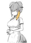  1girl bangs bird_tail blush breasts china_dress chinese_clothes commentary_request double_bun dress fingers_together hair_between_eyes john_(a2556349) kemono_friends large_breasts shoebill_(kemono_friends) simple_background solo spot_color sweatdrop tail tsurime white_background yellow_eyes 