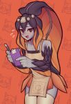  1girl @_@ blue_skin blush colored_skin eyebrows_visible_through_hair fujimna highres holding holding_notepad holding_pencil looking_at_viewer mechanical_pencil minette_(skullgirls) nervous_smile notepad open_mouth pencil skullgirls smile solo thigh-highs white_legwear 