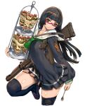  1girl black_footwear black_hair breasts brown_hair chiaki_kurihara dessert expressionless food food_request glass_container green_neckerchief highres hime_cut holster loafers looking_at_viewer medium_breasts miniskirt miniskirt_pirates neckerchief red-framed_eyewear rifle_on_back sailor_collar school_uniform semi-rimless_eyewear shiny shiny_skin shoes shoulder_holster skindentation skirt solo spoon standing standing_on_one_leg thigh-highs thighs under-rim_eyewear white_background yasuda_akira 