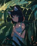  1girl animal_ears aqua_eyes black_hair bob_cut cat_ears cat_girl flat_chest forest giant_leaf highres holding holding_leaf kgt_(pixiv12957613) leaf leaf_umbrella nature original outdoors scenery shade short_hair solo tank_top 