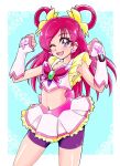  1girl arms_up bike_shorts butterfly_brooch butterfly_earrings butterfly_hair_ornament cure_dream earrings fuchi gloves hair_ornament hair_rings jewelry long_hair magical_girl midriff navel one_eye_closed open_mouth pink_eyes pink_hair precure shorts skirt smile solo yes!_precure_5 yumehara_nozomi 