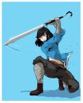  1girl arms_up bandaged_arm bandaged_leg bandages belt black_hair blue_background blue_eyes bright_pupils h.pn highres holding holding_sword holding_weapon medium_hair midriff_peek motion_lines navel original parted_lips rope_belt simple_background solo sweat swing sword teeth weapon white_pupils 