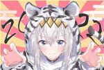  1girl 2022 animal_costume animal_print bangs blue_eyes blush claw_pose closed_mouth commentary_request dot_nose egasumi fang grey_hair ha_(hura76752775) highres hood hood_up long_hair looking_at_viewer oguri_cap_(umamusume) shirt smile solo sunburst tiger_costume tiger_print umamusume upper_body v-shaped_eyebrows white_shirt 