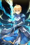  1girl ahoge artoria_pendragon_(all) blonde_hair blue_ribbon breasts cleavage_cutout clothing_cutout excalibur_(fate/stay_night) fate/grand_order fate/stay_night fate_(series) green_eyes hair_bun hair_ribbon holding holding_weapon juliet_sleeves long_sleeves medium_breasts naemperor puffy_sleeves ribbon saber solo sword weapon 