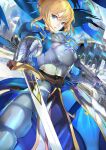  1girl ahoge artoria_pendragon_(all) blonde_hair blue_ribbon breasts cleavage_cutout clothing_cutout excalibur_(fate/stay_night) fate/grand_order fate/stay_night fate_(series) green_eyes hair_bun hair_ribbon holding holding_weapon juliet_sleeves long_sleeves medium_breasts moero_joho puffy_sleeves ribbon saber solo sword weapon 