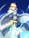  1girl ahoge artoria_pendragon_(all) blonde_hair blue_ribbon breasts cleavage_cutout clothing_cutout excalibur_(fate/stay_night) fate/grand_order fate/stay_night fate_(series) green_eyes hair_bun hair_ribbon holding holding_weapon juliet_sleeves long_sleeves medium_breasts narukamikagero1 puffy_sleeves ribbon saber solo sword weapon 