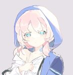  arknights bangs blue_eyes blue_poison_(arknights) bra_strap chinese_commentary closed_mouth eyebrows_visible_through_hair hood hood_up low_twintails moondry portrait shirt suspenders twintails white_shirt 