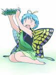  1girl antennae aqua_hair barefoot blush brown_eyes butterfly_wings dress eternity_larva eyebrows_visible_through_hair fairy green_dress head_wreath holding holding_plant leaf multicolored_clothes multicolored_dress open_mouth plant rangycrow short_hair short_sleeves single_strap smile solid_oval_eyes solo touhou wings 