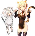  2girls animal_costume animal_ears animal_print bare_shoulders blonde_hair breasts china_dress chinese_clothes covered_navel cowboy_shot dress eyebrows_visible_through_hair fang genshin_impact hair_between_eyes highres looking_at_viewer lumine_(genshin_impact) medium_breasts multiple_girls no_panties open_mouth paimon_(genshin_impact) sbs simple_background thigh-highs tiger_costume tiger_ears tiger_girl tiger_print tongue violet_eyes white_background white_hair yellow_eyes 