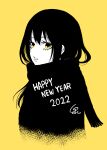  1girl bangs black_hair commentary_request eyelashes hair_between_eyes happy_new_year highres izumi_(toubun_kata) long_hair looking_at_viewer mieruko-chan new_year parted_lips sidelocks simple_background solo upper_body winter_clothes yellow_background yellow_eyes yotsuya_miko 