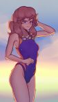  1girl a_hat_in_time arm_up blue_eyes blush brown_hair covered_navel eyebrows_visible_through_hair fujimna goggles goggles_around_neck hat_kid highres looking_at_viewer older one-piece_swimsuit parted_lips purple_sweater short_hair short_ponytail smile solo sweater swimsuit wet 