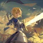  1girl ahoge artoria_pendragon_(all) blonde_hair blue_ribbon breasts cleavage_cutout clothing_cutout coneyrivard excalibur_(fate/stay_night) fate/grand_order fate/stay_night fate_(series) green_eyes hair_bun hair_ribbon holding holding_weapon juliet_sleeves long_sleeves medium_breasts puffy_sleeves ribbon saber solo sword weapon 