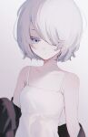  1girl bare_shoulders black_jacket blue_eyes closed_mouth dress grey_hair hair_over_one_eye highres jacket looking_at_viewer migihidari_(puwako) off_shoulder one_eye_covered original short_hair simple_background solo white_background white_dress 