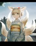  1girl absurdres animal_ear_fluff animal_ears arknights bangs blonde_hair blue_hairband blue_kimono blue_sky closed_mouth commentary_request day eyebrows_visible_through_hair floral_print flower fox_ears fox_girl fox_tail green_eyes hair_flower hair_ornament hairband highres japanese_clothes kimono letterboxed looking_at_viewer multicolored_hair obi outdoors print_kimono red_flower sash sidelocks sky smile solo suzuran_(arknights) tail two-tone_hair wazd0183 white_flower white_hair 