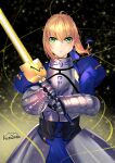  1girl ahoge artoria_pendragon_(all) blonde_hair blue_ribbon breasts cleavage_cutout clothing_cutout excalibur_(fate/stay_night) fate/grand_order fate/stay_night fate_(series) green_eyes hair_bun hair_ribbon hjkl4233225 holding holding_weapon juliet_sleeves long_sleeves medium_breasts puffy_sleeves ribbon saber solo sword weapon 