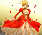  1girl aestus_estus ahoge blonde_hair braid breasts cleavage commentary_request dress epaulettes fate/extra fate/grand_order fate_(series) french_braid green_eyes hair_intakes hair_ribbon juliet_sleeves large_breasts long_sleeves maka_(pixiv2952014) nero_claudius_(fate) nero_claudius_(fate)_(all) puffy_sleeves red_dress red_ribbon ribbon saber_extra see-through solo wide_sleeves 