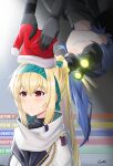  2girls blonde_hair blue_hair eyebrows_visible_through_hair gamryous girls_frontline gloves grin hairband hat highres k11_(girls&#039;_frontline) long_hair multiple_girls night_vision_device ponytail red_eyes santa_hat scarf smile sneaking sneaking_suit splinter_cell sv-98_(girls&#039;_frontline) white_uniform 