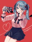  1girl aqua_eyes aqua_hair bangs blush ear_piercing earrings hachikawa_mitsu hand_on_own_face hatsune_miku heart highres jewelry long_hair looking_at_viewer mask mouth_mask piercing selfie simple_background sitting smile solo twintails vocaloid 