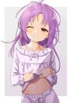  1girl absurdres bangs clothes_lift highres long_hair magia_record:_mahou_shoujo_madoka_magica_gaiden mahou_shoujo_madoka_magica mamadasky midriff midriff_peek misono_karin navel one_eye_closed pajamas parted_bangs purple_hair red_eyes shirt_lift simple_background smile solo two_side_up white_background 