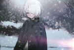  1girl absurdres black_jacket blue_eyes blurry blurry_background bright_pupils depth_of_field hair_over_one_eye highres jacket long_sleeves looking_at_viewer medium_hair migihidari_(puwako) one_eye_covered original outdoors parted_lips snow snowing solo white_hair white_pupils winter 