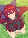  1girl absurdres baketsumuri black_shirt blue_bow blush boots bow cape cloak collarbone commentary_request eyebrows_visible_through_hair grass grin hair_bow high_collar highres long_sleeves looking_at_viewer looking_up miniskirt red_cape red_cloak red_eyes red_skirt redhead sekibanki shirt short_hair sitting skirt smile solo thighs touhou wariza 
