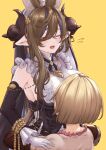  2girls blonde_hair blush bob_cut brown_hair closed_eyes djeeta_(granblue_fantasy) earrings galleon_(granblue_fantasy) granblue_fantasy hair_between_eyes highres horns hug jewelry long_hair medium_hair multiple_girls necklace open_mouth teriton yuri 