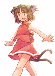  1girl :d adapted_costume animal_ear_fluff animal_ears armpits backlighting bangs bare_arms bare_shoulders black_tail blush brown_hair cat_ears cat_girl cat_tail chen chinese_clothes earrings eyebrows_visible_through_hair eyes_visible_through_hair fang feet_out_of_frame from_side green_headwear hat high_collar hoop_earrings jewelry looking_at_viewer looking_to_the_side mandarin_collar miniskirt mob_cap multiple_tails nekomata no_nose open_hands open_mouth outstretched_arms rangycrow red_skirt short_hair simple_background single_earring skirt skirt_set sleeveless smile solo sunlight tail touhou two_tails walking white_background |_| 