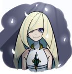  1girl bangs bare_arms blonde_hair blue_eyes border closed_mouth commentary_request diamond_(shape) dress echizen_(n_fns17) emerald_(gemstone) eyelashes grey_background hair_over_one_eye long_hair looking_at_viewer lusamine_(pokemon) pokemon pokemon_(game) pokemon_sm sleeveless sleeveless_dress smile solo upper_body white_border white_dress 