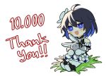  1girl :d ahoge bare_shoulders black_hair black_shirt blue_eyes blue_hair blush chibi commentary detached_sleeves elbow_gloves english_commentary flower gloves hair_between_eyes hair_flower hair_ornament highres holding holding_stuffed_toy honkai_(series) honkai_impact_3rd milestone_celebration multicolored_hair natsuki_(2917) pantyhose puffy_short_sleeves puffy_sleeves seele_vollerei shirt shoe_soles shoes short_sleeves simple_background sitting sleeveless sleeveless_shirt smile solo stuffed_animal stuffed_rabbit stuffed_toy thank_you two-tone_hair white_background white_flower white_footwear white_gloves white_pantyhose white_sleeves 