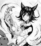  1boy animal animal_ears book bruise collarbone danganronpa_(series) danganronpa_v3:_killing_harmony detached_sleeves ewa_(seraphhuiyu) fang flipped_hair fox_ears greyscale hair_between_eyes highres holding holding_book injury looking_at_viewer monochrome open_book open_mouth ouma_kokichi rabbit shiny shiny_hair solo sparkle 