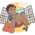  1boy a-roku_(eeroku) bare_legs barefoot brown_eyes brown_hair child commentary_request controller eyebrows_visible_through_hair game_controller looking_at_viewer male_focus original pencil pillow short_hair shorts 