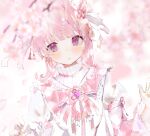  1girl blush bow cherry_blossoms ear_piercing earrings iftuoma jewelry looking_at_viewer original pale_skin pastel_colors piercing pink_hair pink_theme ribbon violet_eyes 