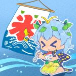  &gt;_&lt; 1girl antennae aqua_hair barefoot butterfly_wings chibi dress eternity_larva fairy full_body green_dress hair_between_eyes holding holding_spoon kuroteru leaf leaf_on_head marker_(medium) multicolored_clothes multicolored_dress open_mouth shaved_ice short_hair single_strap solo spoon touhou traditional_media triangle_mouth wings 