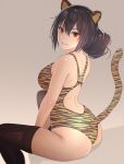  1girl alternate_costume alternate_hairstyle animal_ears animal_print ass beige_background black_hair black_legwear breasts brown_eyes eyebrows_visible_through_hair hair_between_eyes highres kantai_collection kasumi_(skchkko) large_breasts long_hair nagato_(kancolle) one-piece_swimsuit open_mouth smile solo swimsuit tail thigh-highs tiger_ears tiger_print tiger_tail 