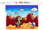 black_eyes boots clouds coin english_commentary looking_at_viewer mountain mspaint_(medium) mspaint_(software) nerples no_humans open_mouth red_footwear shell signature sketch sky smile solo super_mario_bros. yoshi yoshi&#039;s_island 