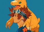  1boy agumon blue_background blue_shirt brown_hair closed_mouth digimon digimon_(creature) digimon_adventure english_commentary goggles goggles_on_head green_eyes highres looking_afar male_focus open_mouth red_eyes sharp_teeth shirt short_hair simple_background solo spiky_hair star_(symbol) teeth thick_eyebrows tongue upper_body vulpetrope yagami_taichi 
