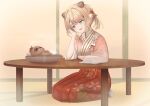  1girl animal_ear_fluff animal_ears arm_rest bangs blonde_hair blue_eyes bow commentary_request extra_ears full_body hair_ornament hakama hakama_skirt head_rest highres hololive japanese_clothes kazama_iroha kimono long_sleeves looking_at_animal open_mouth pink_kimono pokobee pom_pom_(clothes) pom_pom_hair_ornament pot red_hakama seiza short_hair short_twintails sitting skirt smile solo table teeth twintails upper_teeth virtual_youtuber white_bow yoruillust 